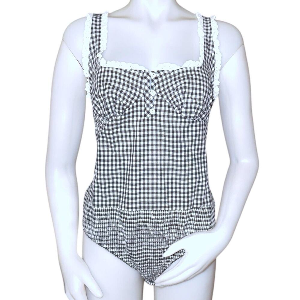 Free People Cassie Gingham Eyelet Trim Bodysuit Black/White Size Large